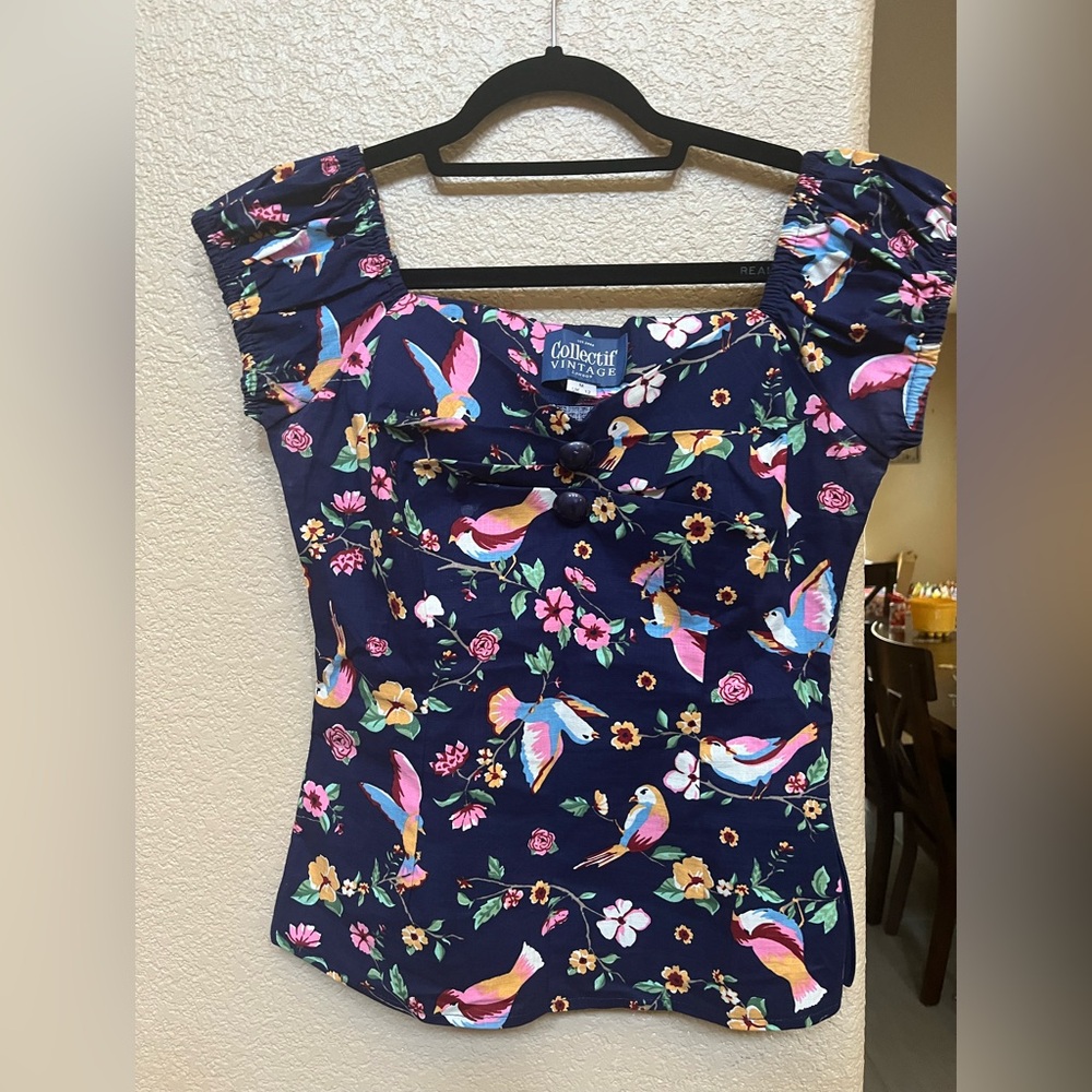 Collectif Navy Floral Blouse with Pink and Blue Accents